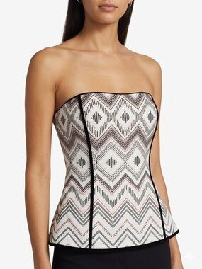 White House Black Market White and Black Strapless Geo-Print Peplum Top